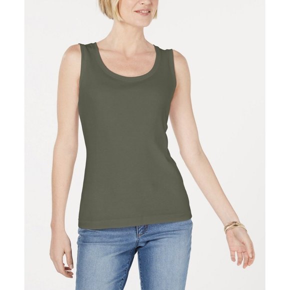 Karen Scott Scoop-Neck Cotton Tank Top Olive Sprig Green Small - Picture 1 of 4